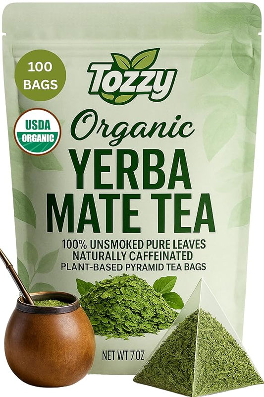 Tozzy Organic Unsmoked Yerba Mate Tea - 100 Count | Pyramid Tea Bags (Plant-Based & Eco-conscious) | Caffeine-Powered | Pure Ingredients
