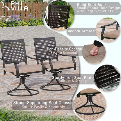 PHI VILLA Patio Swivel Dining Chairs Set of 4, Outdoor Kitchen Garden Metal Chair with Cushions, Patio Furniture Chair with Armrest, Black Frame