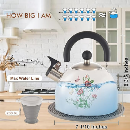 ARC Stainless Steel Whistling Tea Kettle, Magic Color Changing Design 2-Quart Stovetop Kettle Whistle White Teapot with Folding Cup & Trivet Mat