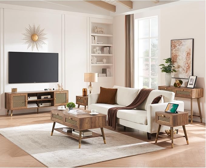 Mid Century Modern Coffee Table with Storage Drawers & Open Shelf, Solid Wooden Boho Rectangle Table with Metal Legs Designed for Living Room, Office, Lounge. Rustic Oak Color with Golden Decor