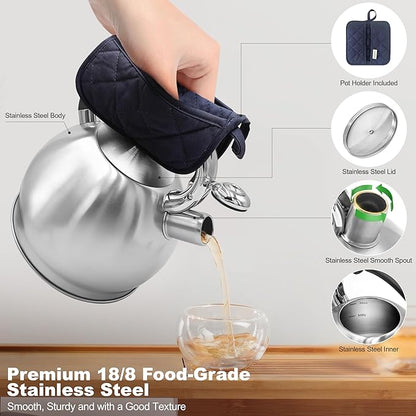 Stainless Steel Whistling stovetop Kettle,Whistling Tea Kettle,Vintage-StyleTeapot for Stove,Durable and Rust-Resistant,With a Pot Holder Included,2.64 Quart(Brushed Style)