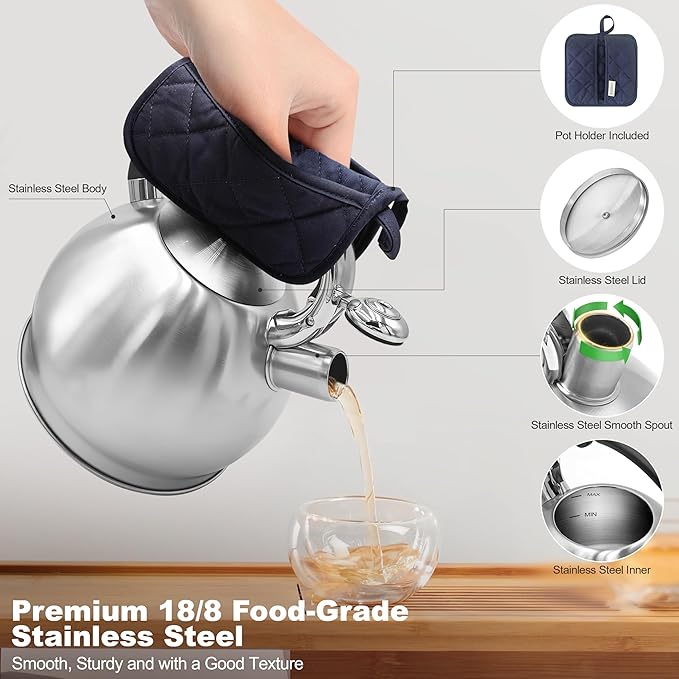 Stainless Steel Whistling stovetop Kettle,Whistling Tea Kettle,Vintage-StyleTeapot for Stove,Durable and Rust-Resistant,With a Pot Holder Included,2.64 Quart(Brushed Style)