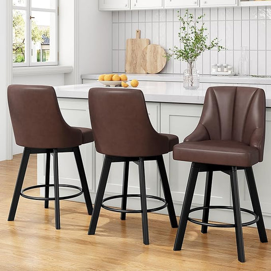 Bar Stools with Backs, PU Leather Upholstered Counter Barstools with Solid Wood Legs for Kitchen Island, Home Bar(3PCS Brown)