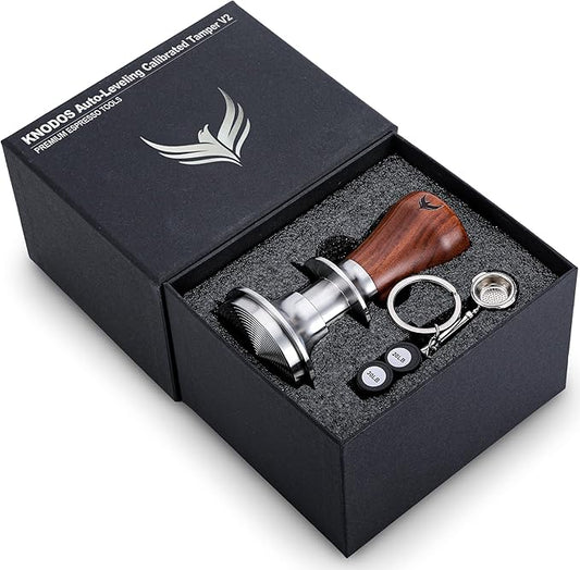 58mm Tamper For Espresso Machines V2 KNODOS Rosewood Self Leveling and Double Spring Loaded Design Calibrated Coffee Tamper With Gift Box