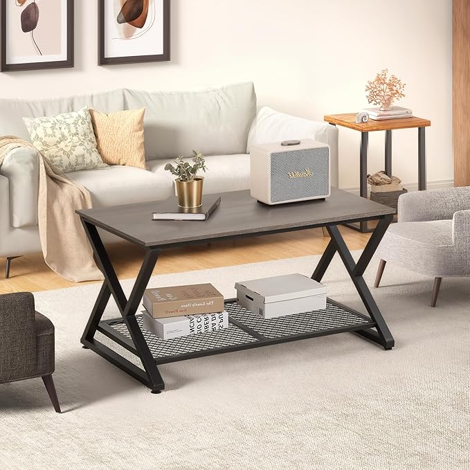 SENIG Coffee Table with Storage Shelf, Industrial Metal Wood Living Room Tables, Rectangle Center Table 39 Inch, Vintage Simple 2 Tier Cocktail Table, Grey