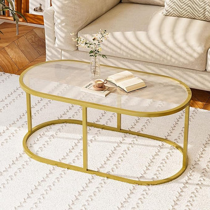 Coffee Table Gold Glass Coffee Table for Living Room, Oval Table Center Table with Ribbed Glass Top and Sturdy Metal Frame,Modern Glass Accent Tables for Bedroom Home Office
