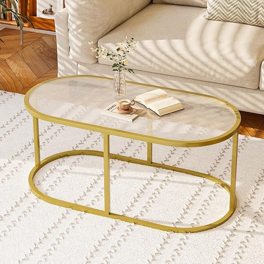 Coffee Table Gold Glass Coffee Table for Living Room, Oval Table Center Table with Ribbed Glass Top and Sturdy Metal Frame,Modern Glass Accent Tables for Bedroom Home Office