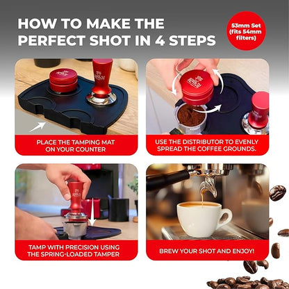 StealthActive&Co 53mm Espresso Tamper 3 in 1 Set Compatible with 54mm Filter - Spring Loaded Espresso Machine Tamper with Aluminum Handle, Espresso Distribution Tool, and Non-Slip Tamping Mat
