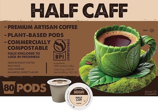 Ekocups Half Caff Coffee Pods – Compostable, Plant-Based & Freshness-Sealed – French Press-Quality Brew – K-Cup Brewer Compatible – Medium Roast, 80ct