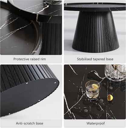 win2win Nesting Coffee Table Set of 2, Modern Coffee Table with Marble Veneer, Fluted Round Tea Table and End Table Set, Minimalist Center Tables for Living Room, Office, Black