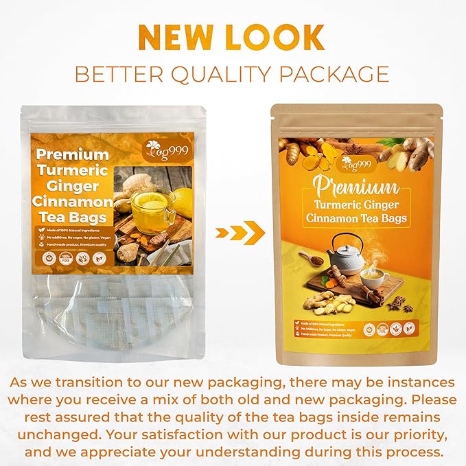 200 Bags Premium Turmeric Ginger Cinnamon Tea, Improve Digestion, Support Brain, Weight, Skin and Sleep, Eco-Conscious Tea Bags and Premium Natural Ingredients. Turmeric Ginger Herbal Tea. No Sugar, No Caffeine, No Gluten, Vegan.