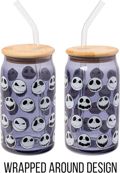 Silver Buffalo Disney Tim Burton Nightmare Before Christmas Jack Skellington Expressions Gray Glass Jar Tumbler with Bamboo Lid and Glass Straw, 16 Ounces