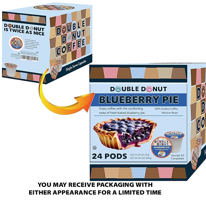 Double Donut Coffee Blueberry Coffee Pods, Single Serve Blueberry Flavored Coffee Pods, Medium Roast Coffee for Keurig K Cups Brewers, 24 Count