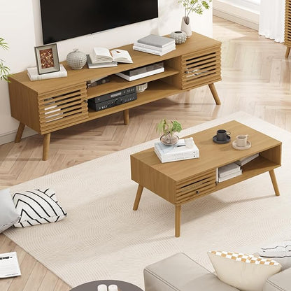 Coffee Table, Mid Century Modern Table with Storage, Living Room Center Table with Slatted Panel Drawer, Fluted Wood Coffee Table with Open Shelf for Living Room, Oak