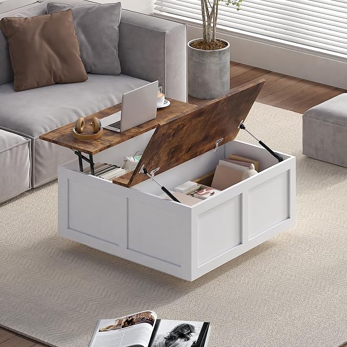 Lift Top Coffee Table with Storage, 31.5" Square White Coffee Table with Large Hidden Storage, Wood Living Room Table Center Table for Living Room Dining Reception Room