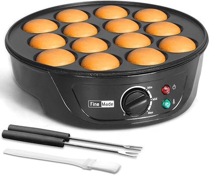 Non Stick Pancakes Maker Machine, Electric Poffertjes Pan with Browning Control, Mini Ebelskiver Aebleskiver Pan, Dutch Pancake Maker, with Brush & Forks, 14 Slots, Black