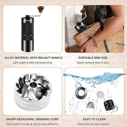 M6 Manual Coffee Grinder,Capacity 25g,Hand Coffee Grinder with Aluminum Body,Sharp Hexagonal Grinding Burr Core,Portable Manual Coffee Bean Grinder for Pour Over French Press Espresso
