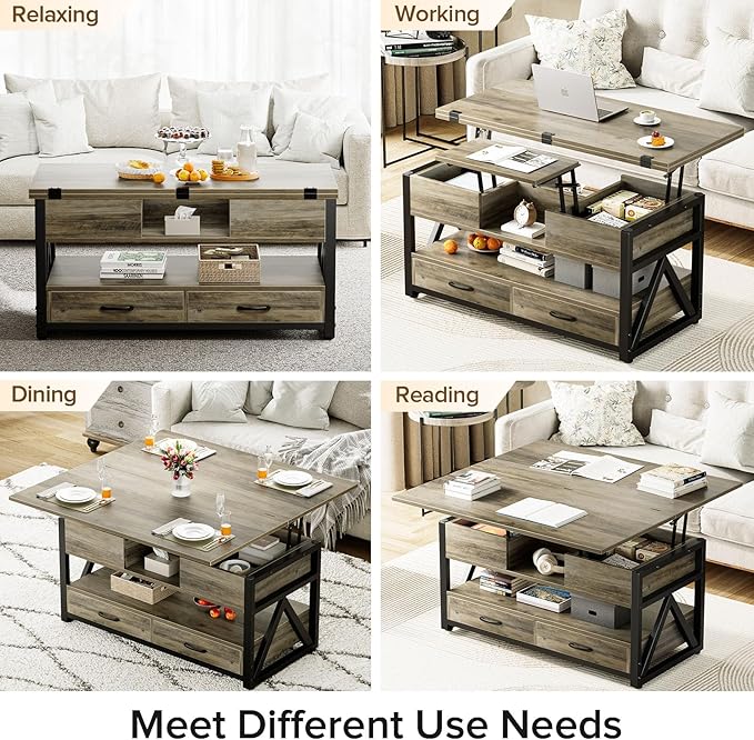 40" Lift Top Coffee Table,4 in 1 Multi-Function Lift Coffee Tables with Storage Drawers and Hidden Compartmen,Farmhouse Coffee Table with Lifting top for Living Room,Grey