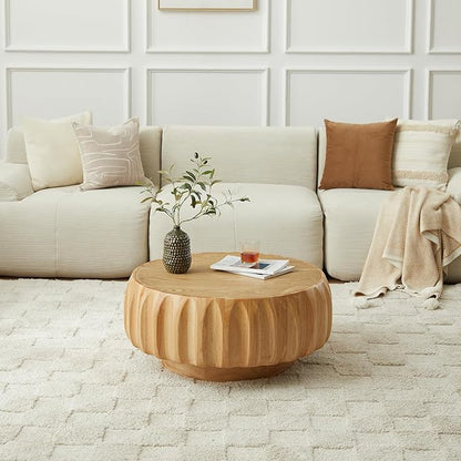 31.5" Round Coffee Table Drum Table Contemporary Wood Fluted Centry Table with Solid Wood Veneer for Living Room (Natural)