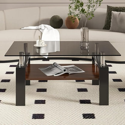 Glass Coffee Table Rectangle Living Room Center Table, with Gray Tempered Glass Tabletop and Brown MDF Layer,for Living Room and Office, Gray+Brown