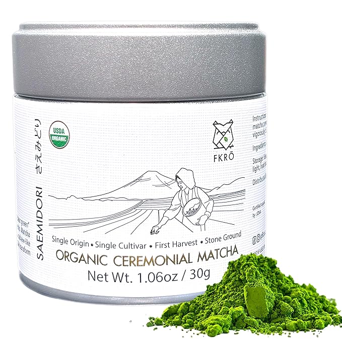 FKRO Organic Ceremonial Grade Matcha Green Tea Powder | 1st Harvest, Single Origin, Single Saemidori Cultivar | Flown in Fresh from Japan Every Month (30g/1.06oz) Tin