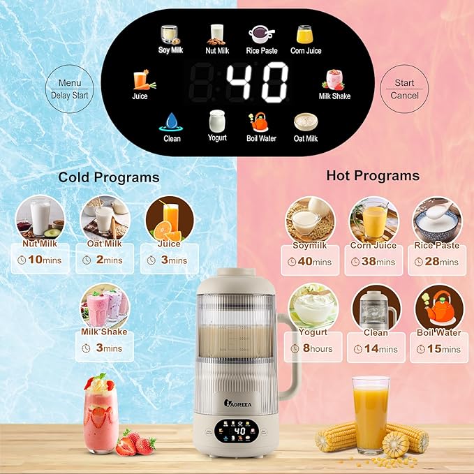 IAGREEA 35oz Noise Reducing Nut Milk Maker Machine, 10 in 1 Automatic Soy Milk Maker with 8 Blades, Homemade Oat, Juice, Yogurt, Milk Shake, 12H Delay, 6H Keep Warm, BPA-Free, Self-Cleaning
