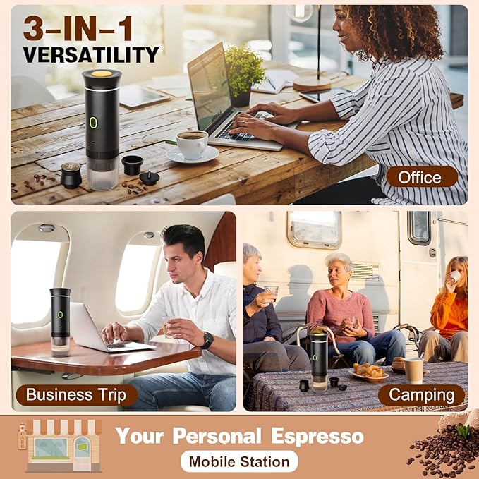 Portable Electric Espresso Maker, 20 bar Mini Travel Coffee maker, Expresso Coffee Machines with USB-C,3-in-1 Car Coffee Maker Self-Heating, Ground Coffee & Capsule(Ns&DG) for Office, Camping, RV