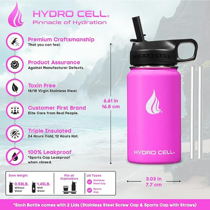 HYDRO CELL Stainless Steel Insulated Water Bottle with Straw - For Cold & Hot Drinks - Metal Vacuum Flask with Screw Cap and Modern Leakproof Sport Thermos for Adults (Fuchsia 14oz)