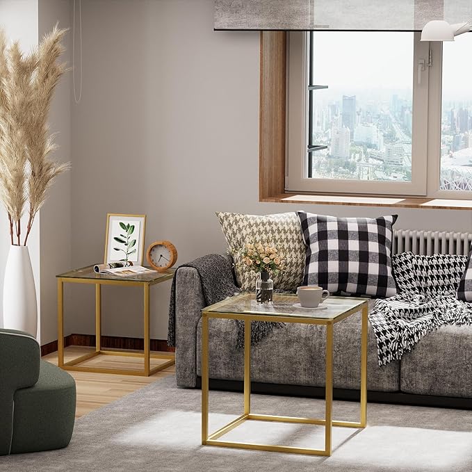 VILAWLENCE Coffee Table Set of 2, Modern Gold Glass Side Table, Metal Frame Square End Table, Center Tables Nesting Coffee Table for Living Room,Bedroom and Small Spaces