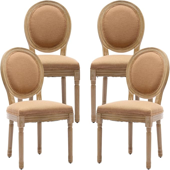 French Country Dining Chairs Set of 4, Amber Round Back Dining Chairs with Linen Upholstered Seat, Solid Wood Legs, Farmhouse Kitchen & Dining Room Chairs, Sillas De Comedor (Amber, 4Pcs)