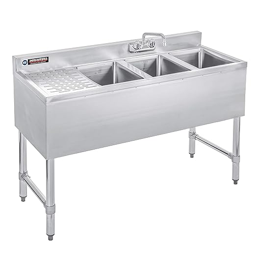 DuraSteel 3 Compartment Under Bar Sink - CEC & NSF 304 Stainless Steel 3 Bay Utility Sink with No Lead Faucet - 48" L x 19" W x 33" H - Left Drainboard Commercial Restaurant Grade