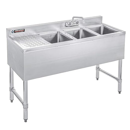 DuraSteel 3 Compartment Under Bar Sink - CEC & NSF 304 Stainless Steel 3 Bay Utility Sink with No Lead Faucet - 48" L x 19" W x 33" H - Left Drainboard Commercial Restaurant Grade