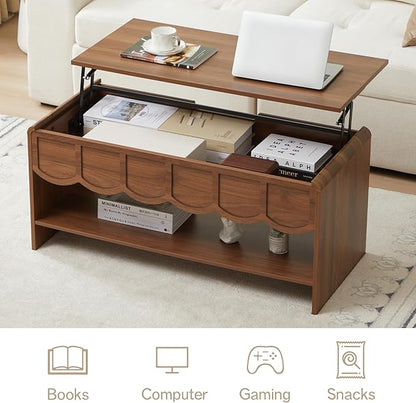 Lift Top Coffee Table with Hidden Compartment, 2 Tier Wooden Center Table with Wave Panel, Modern Lift Tabletop for Home Living Room Office, Walnut