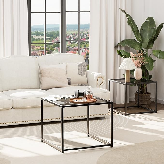 VILAWLENCE Coffee Table Set of 2, Modern Grey Glass Side Table, Metal Frame Square End Table, Center Tables, Nesting Coffee Table for Living Room, Bedroom and Small Spaces, 23.6in
