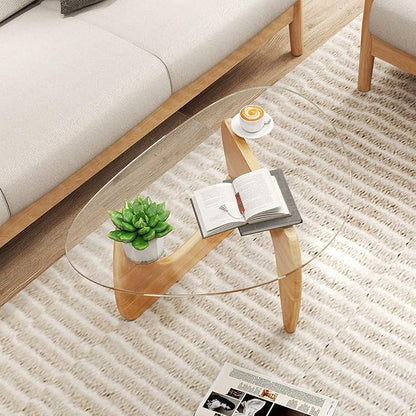 Tangkula Triangle Glass Coffee Table, Mid-Century Modern Center Table with Tempered Glass Top & Adjustable Rubber Wood Base, Small Coffee Table for Small Spaces, Living Room & Reception Room (Natural)