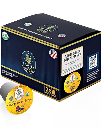 Organic Yerba Mate Tea Pods for Keurig - Green, Unsmoked Yerba Mate by Teavity (36 Tea Pods)