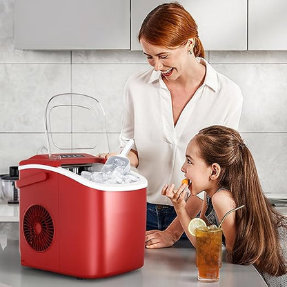 Countertop Portable Ice Maker Machine with Handle, 9 Bullet-Shaped Ice Cubes Ready in 6 Mins, 26Lbs/24H, Self-Cleaning Function with Ice Scoop and Basket for Home/Kitchen/Party (Red)