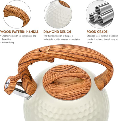 GGC Tea Kettle for Stove Top, Loud Whistling Kettle for Boiling Water Coffee or Milk, 3.1 Quart 3L Heavy Stainless Steel White Kettles with Wood Pattern Handle, Unique Button Control Kettle Outle