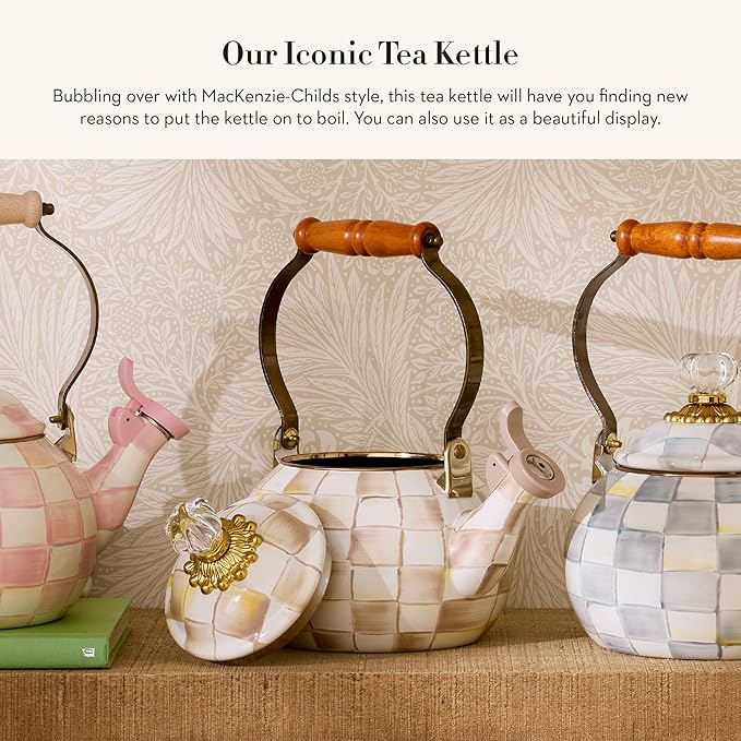 MACKENZIE-CHILDS Enamel Whistling Tea Kettle, Decorative Teapot for Stovetop, Brown-and-White Mocha Check