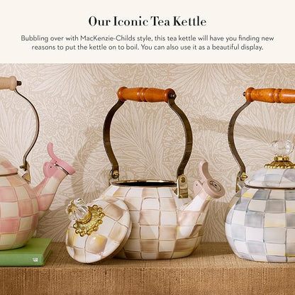 MACKENZIE-CHILDS Enamel Whistling Tea Kettle, Decorative Teapot for Stovetop, Brown-and-White Mocha Check