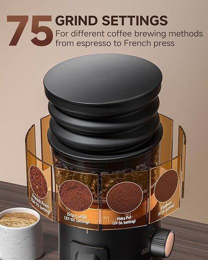 AMZCHEF Single Dose Coffee Grinder with 75 Settings & 40mm Burrs | Anti-Static Espresso Grinder for Home Use | Low Retention Magnetic Outlet | Quiet DC Motor | Vacuum Dosing Cup | LED Light