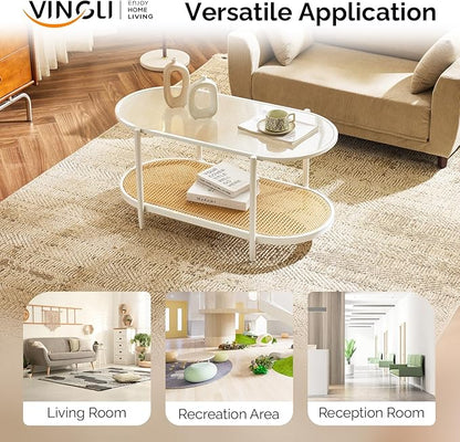 VINGLI 38" Rattan Oval Coffee Table, Glass Metal Center Table, Modern Coffee Tables with 2-Tier Storage, Farmhouse Coffe Table for Living Room and Small Space, White