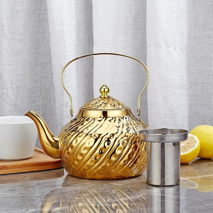 SANQIAHOME 2000ml stainless steel antique style teapot,with Infuser, thickened boiling kettle, lifting handle,Gold