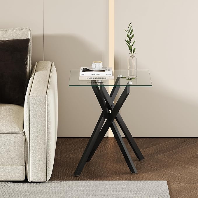 Black Glass Coffee Table Set of 3 Modern End Table Living Room Side Table, Geometric Metal Legs 47.2 Inch Clear Rectangle Center Cocktail Tables, Black