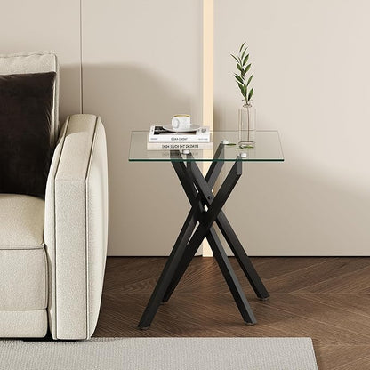 Black Glass Coffee Table Set of 3 Modern End Table Living Room Side Table, Geometric Metal Legs 47.2 Inch Clear Rectangle Center Cocktail Tables, Black