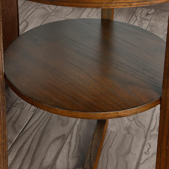 PADMA HOUSE 19.3" Round Wood End Table, 2-Tier Solid Wood Rounded Accent Side Table Circle Nightstand Table with Storage Shelf Vintage Furniture for Home Living Room Bedroom,Rustic Brown 3338NC