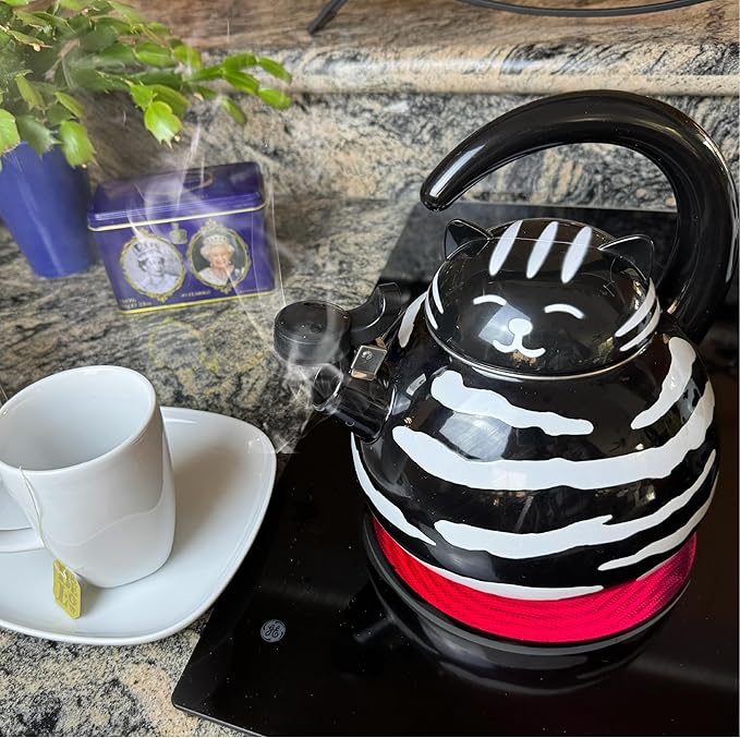 Trenton Gifts Whistling Tea Kettle - Enamel on Steel Black Cat Decor - Cute Animal Stovetop Kettle - 2.1 Quart Tea Pots