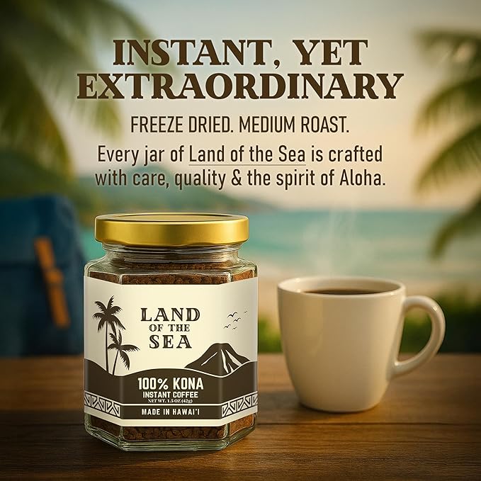 KONA COFFEE 100% - Freeze Dried Instant Coffee - Low Acid Coffee - Medium Roast Hawaiian Coffee - Crafted from Arabica Beans, 1.5oz (1 Pack)