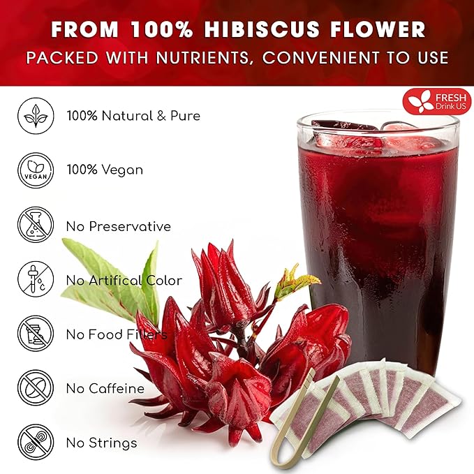 FreshDrinkUS, Premium 10 Hibiscus Flowers Tea Bags, 100% Natural, Pure from Hibiscus Flowers. Loose Flower Herbal Tea. No Sugar, No Caffeine, No Gluten, Vegan.