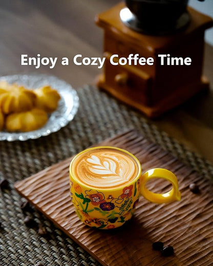 Ceramic Mini Espresso Cups Set of 2 – 3 oz Double Espresso Coffee Cups with Q Handle, Yellolw Floral and fruit Pattern, Small Espresso Shot Cups for Home Coffee Bar,Lungo